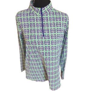 IBKUL Womens Icefil Stay Cool Zip Mock Blue Green Print Long Sleeve Top Large